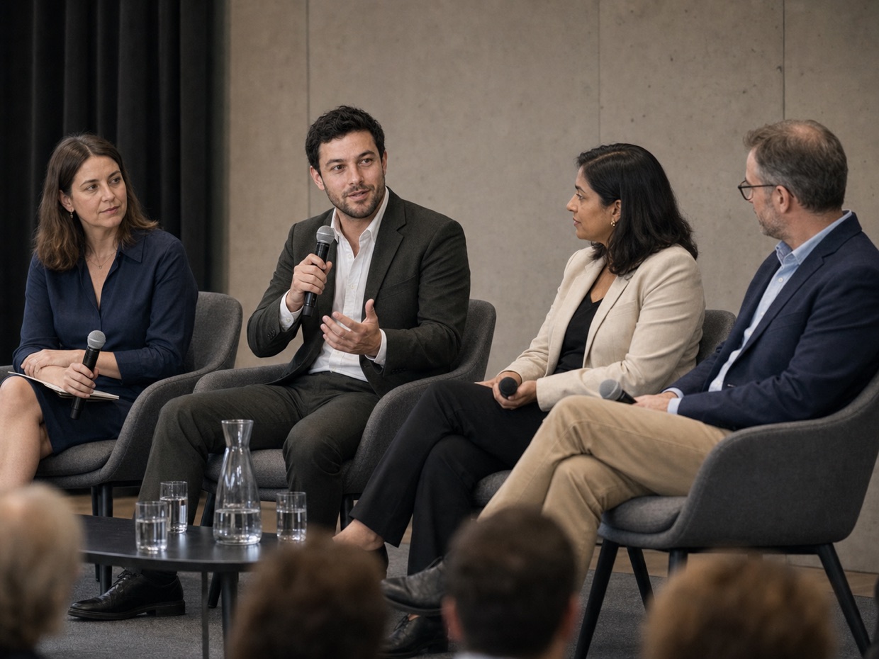 Aaron Taylor speaking alongside other panelists at a professional conference