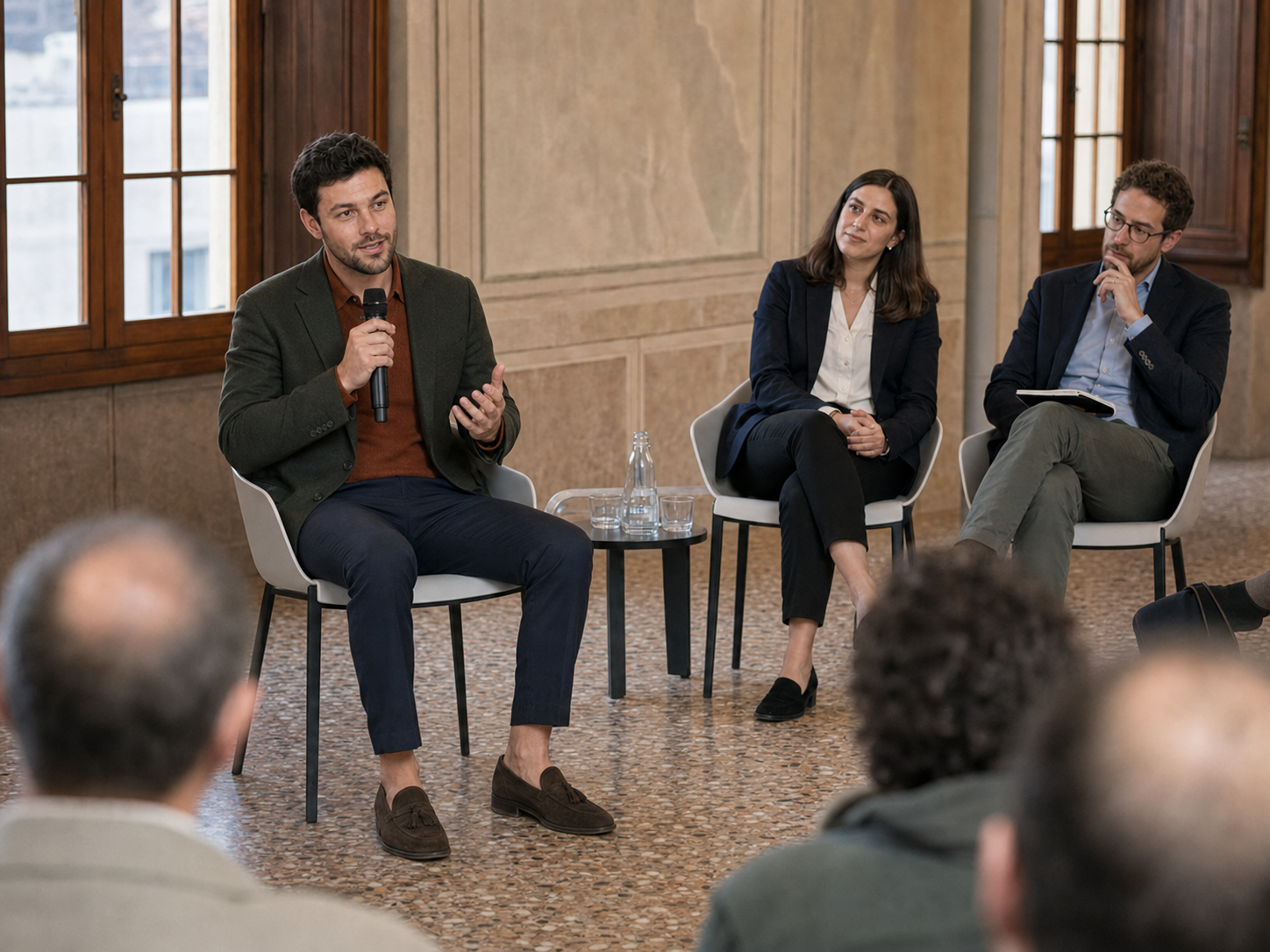 A younger Alessandro De Valenti speaking while seated with other panelists at a civic technology conference